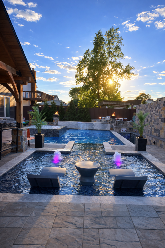 Luxury residential pool construction project with modern design and spa in NJ