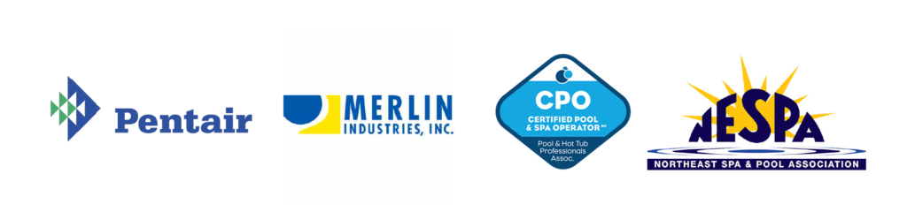 Certified swimming pool professionals displaying industry certifications for pool construction, maintenance, and safety standards.